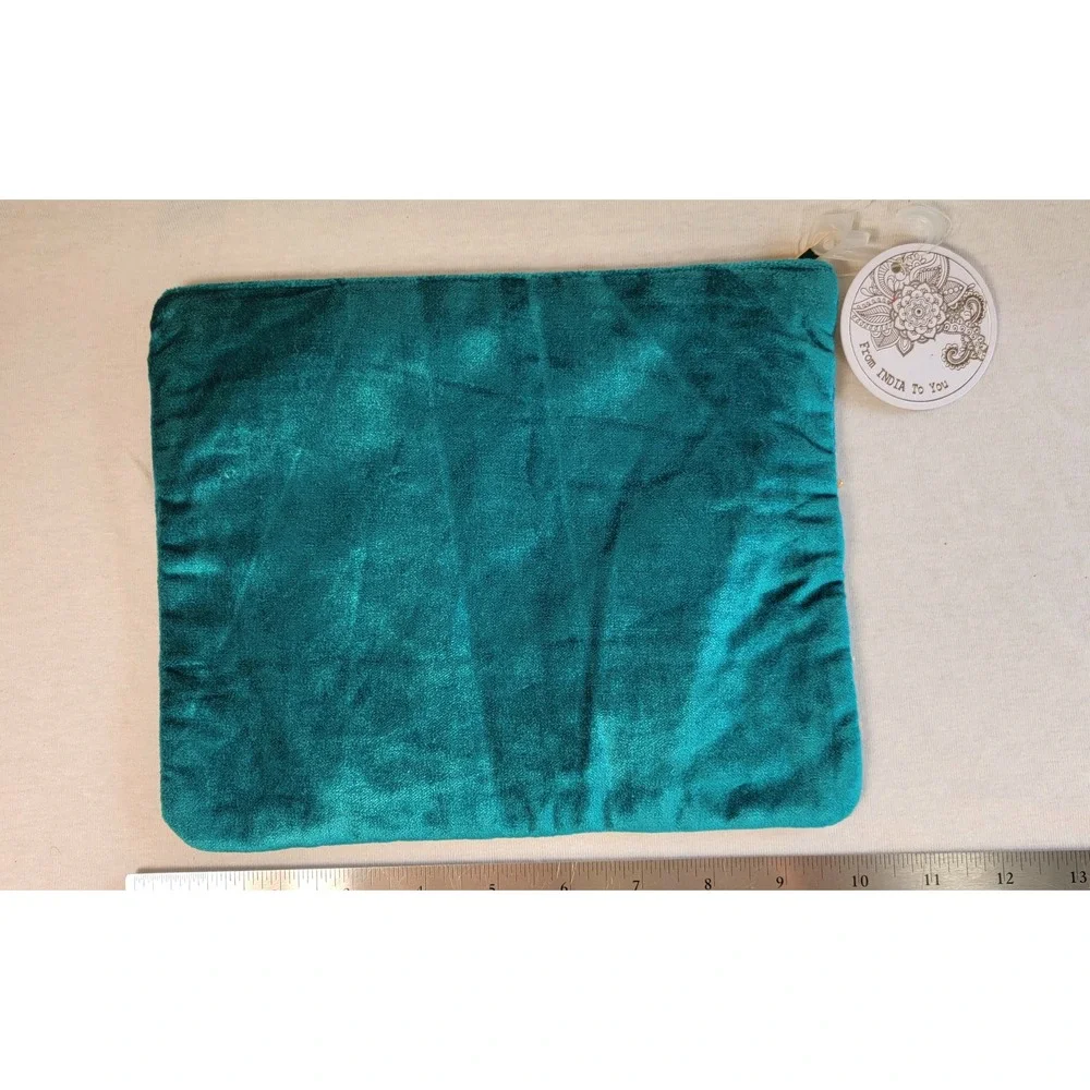 From India To You Teal Velvet Floral Embroidered Beaded Initial S Pouch Bag NEW